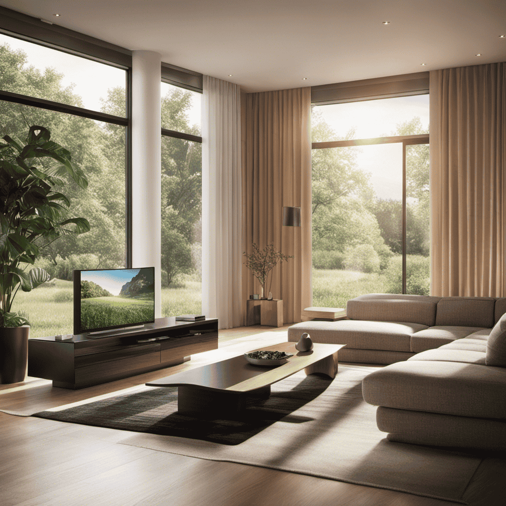 An image featuring a modern living room with an air purifier placed near an open window