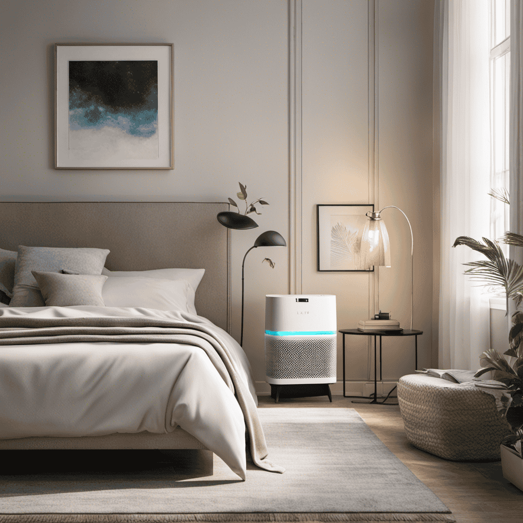 An image of a serene bedroom with soft morning light pouring in through sheer curtains, showcasing a Levoit Air Purifier silently operating on a nightstand, showcasing its sleek design and tranquil ambiance