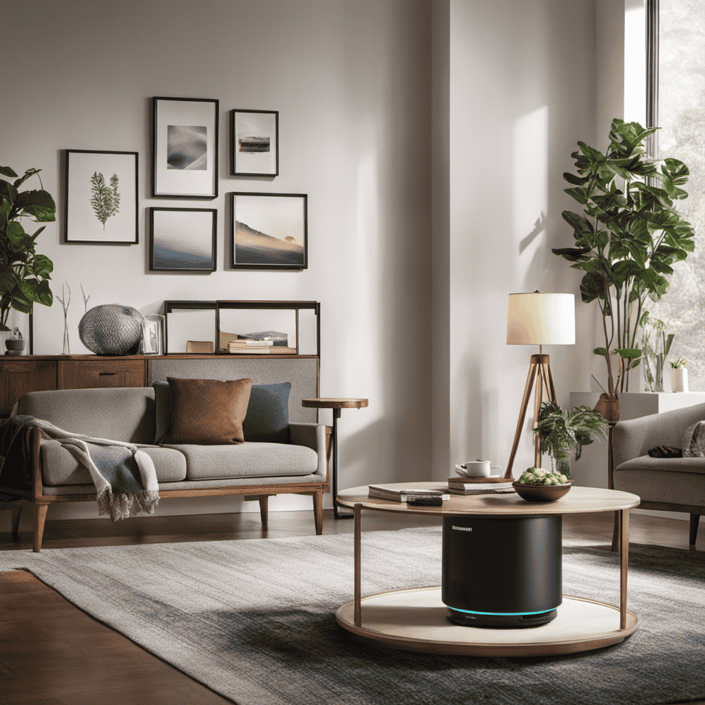 An image showcasing a serene living room with a Honeywell air purifier placed on a side table