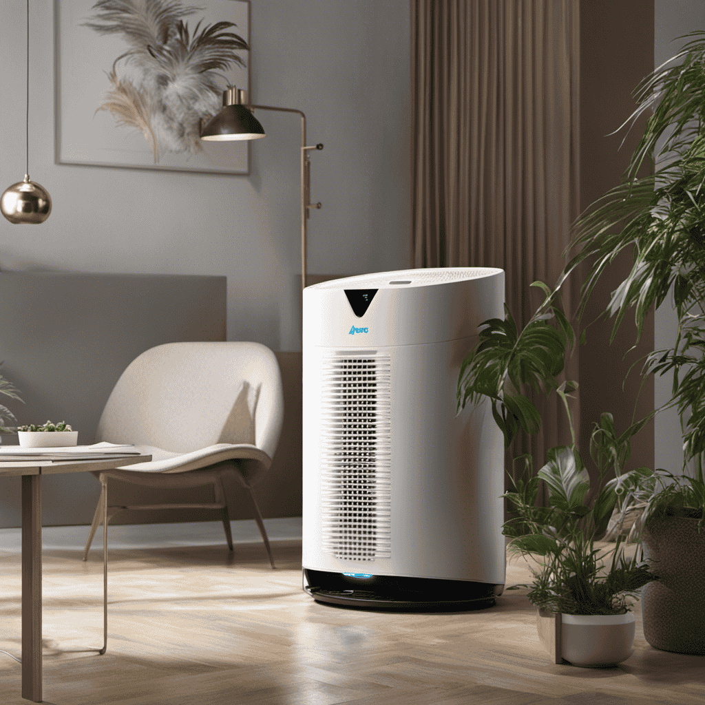 An image showcasing an air purifier diligently at work, surrounded by a variety of environmental elements such as dust particles, pet hair, pollen, and smoke, illustrating the prolonged duration of its efficient operation