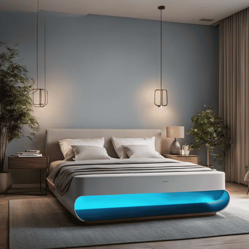 An image showcasing an air purifier operating in a serene bedroom environment, softly illuminating the space with a gentle blue glow, while clean, purified air gently circulates, fostering a peaceful ambiance