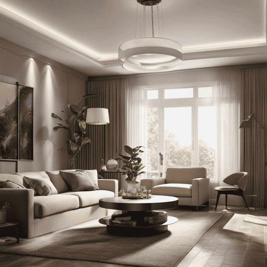 An image that depicts a cozy living room, illuminated by soft natural light, with an air purifier quietly running in the background