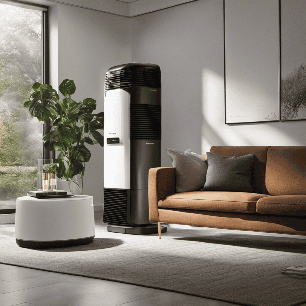 An image showcasing a modern living room with a Honeywell air purifier in action