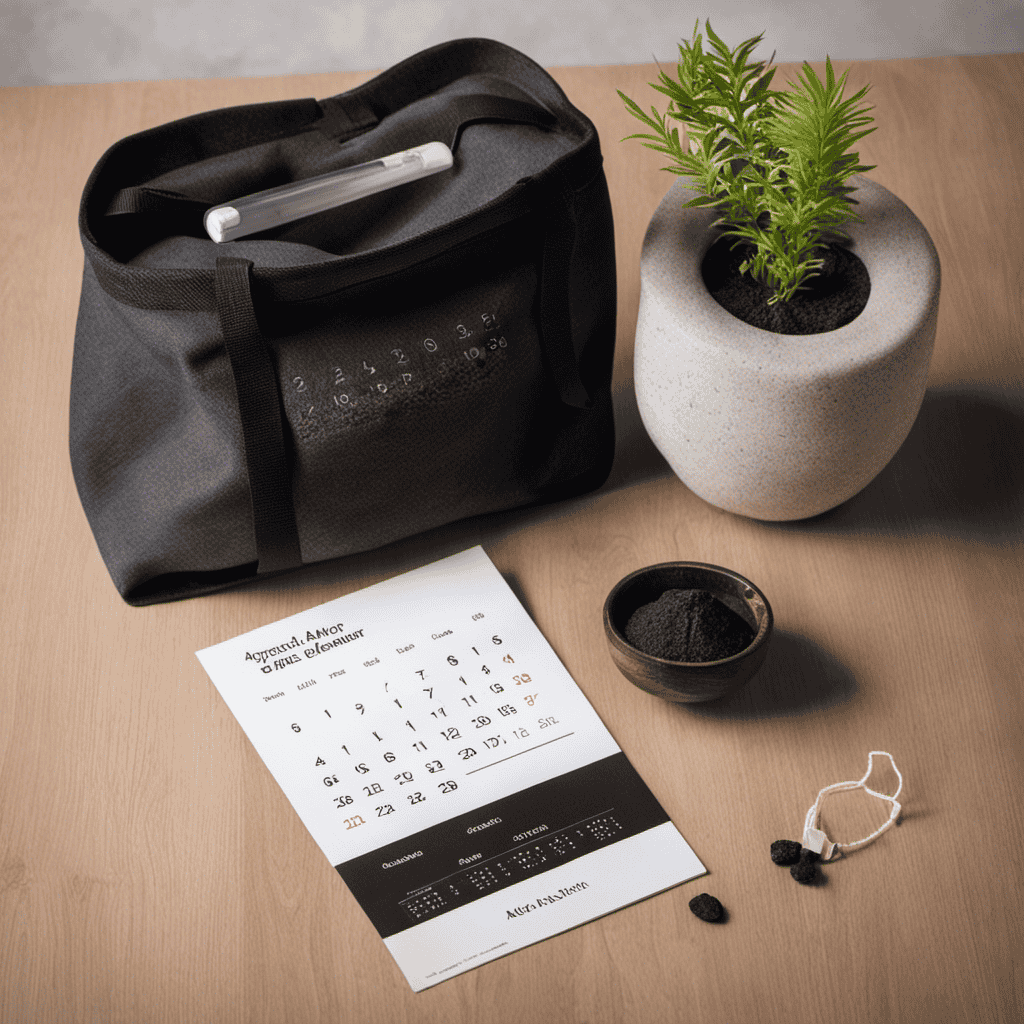 An image showcasing an air purifier bag filled with activated charcoal, placed beside a calendar marked with the date of purchase