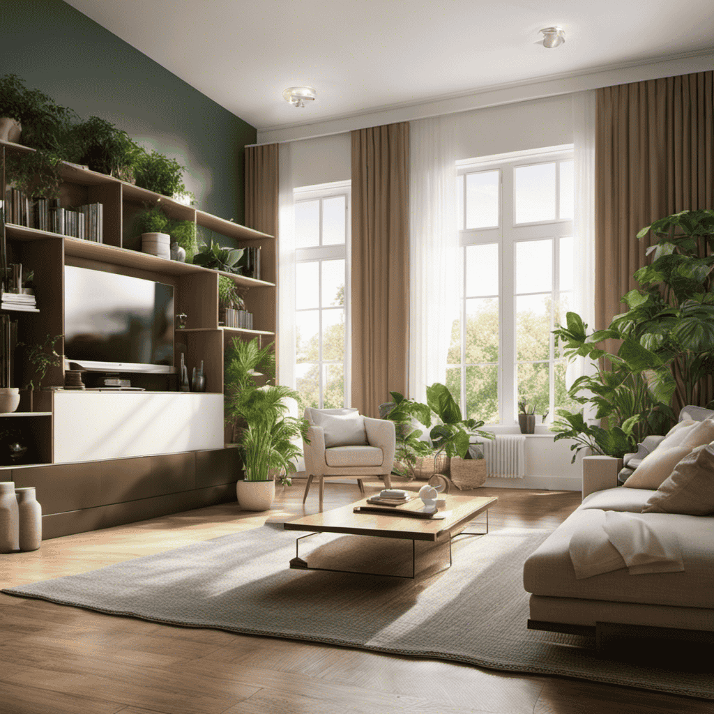 An image showcasing a serene living room with an air purifier softly humming in the background