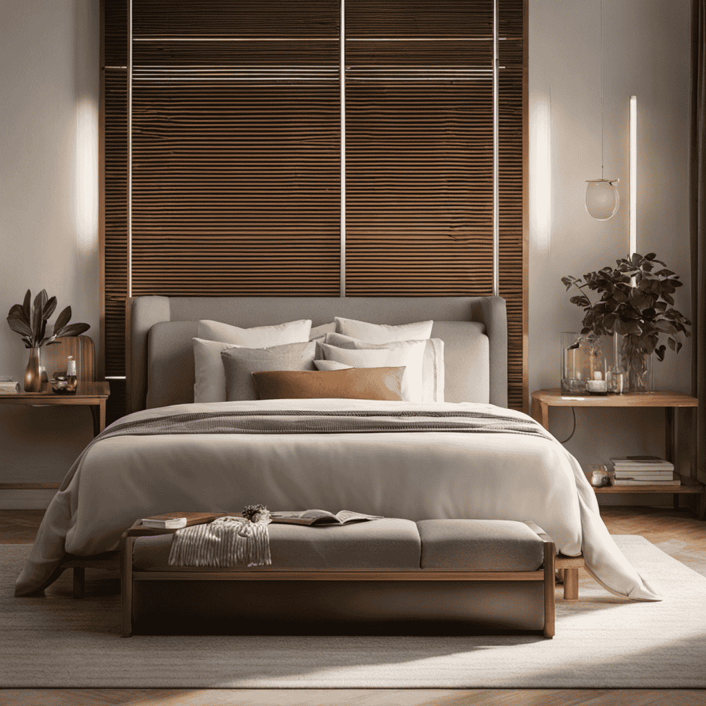 An image of a cozy bedroom illuminated by soft morning light, with a sleek HEPA air purifier placed discreetly on a nightstand