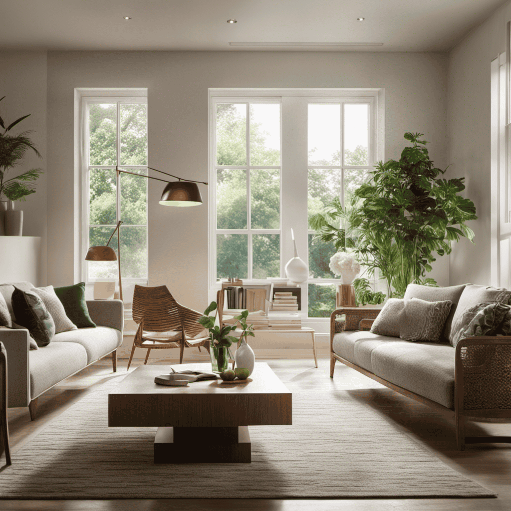 An image showcasing a serene living room, bathed in soft natural light, with an air purifier discreetly placed in the corner