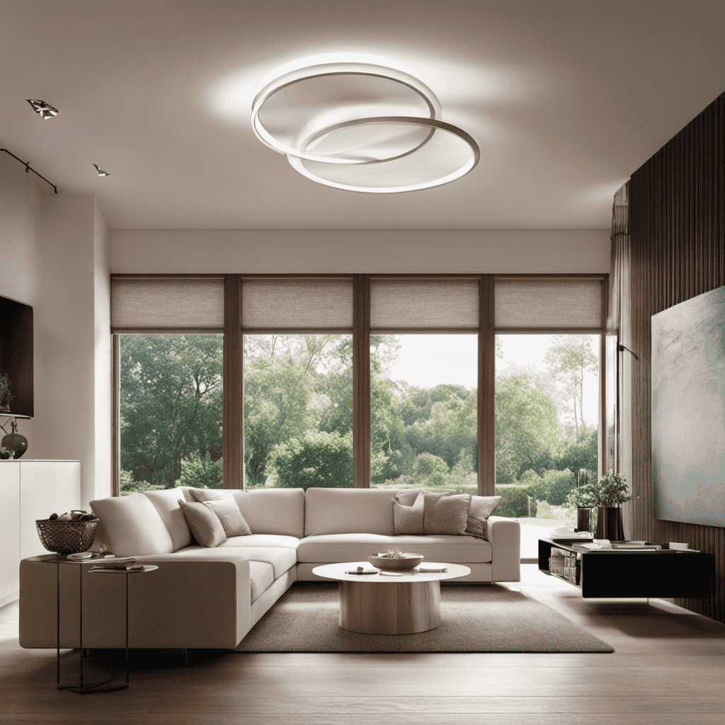 An image of a serene living room, bathed in soft natural light, where an air purifier hums quietly in the corner