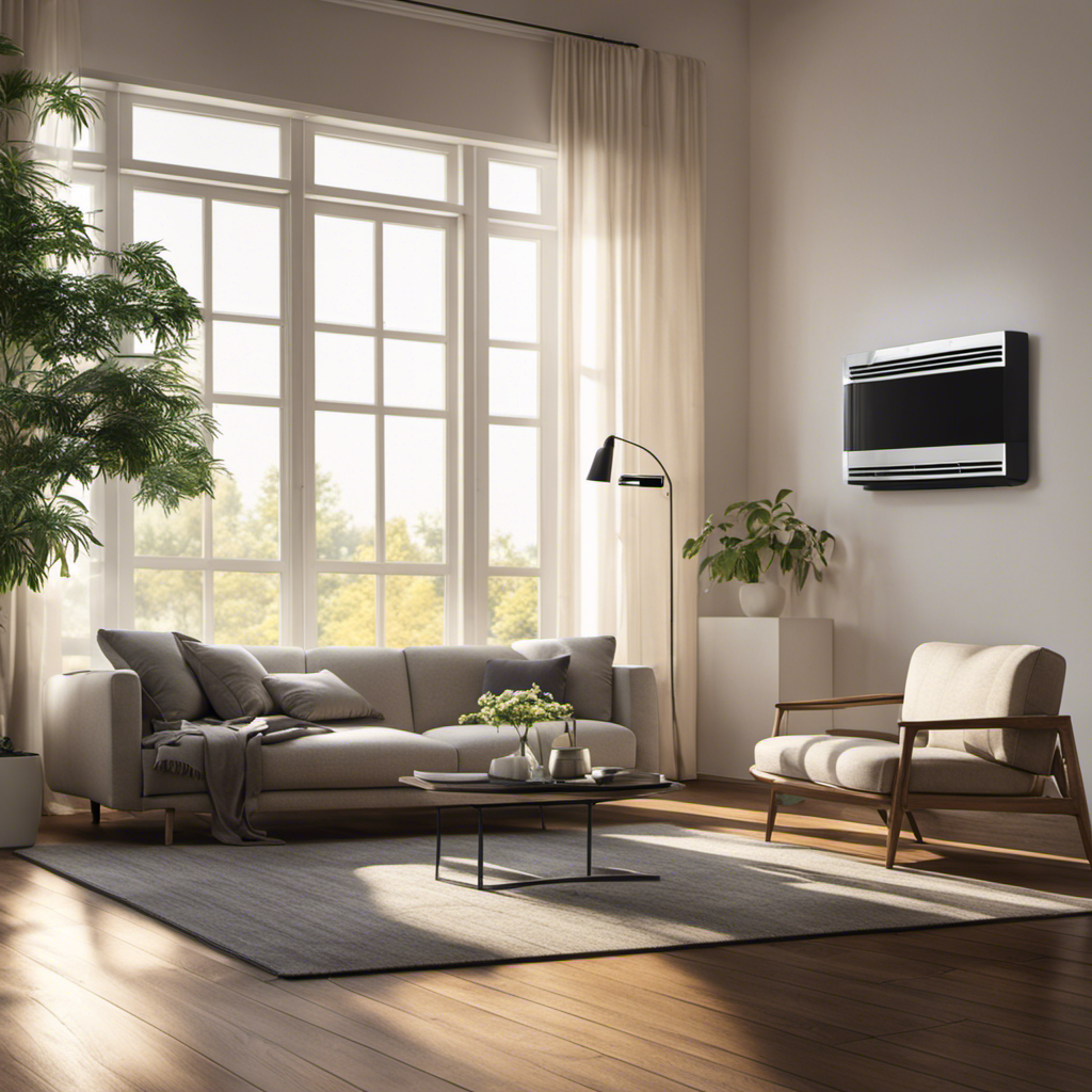 An image depicting a serene living room with an air purifier placed near a sunlit window