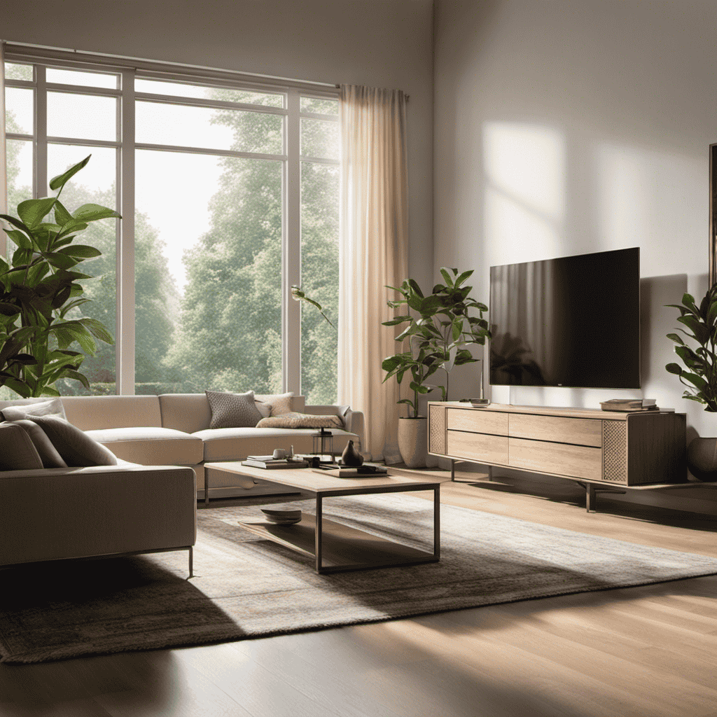 An image that showcases a serene living room with sunlight streaming through the window, capturing the perfect moment when an air purifier hums quietly in the corner, efficiently purifying the air