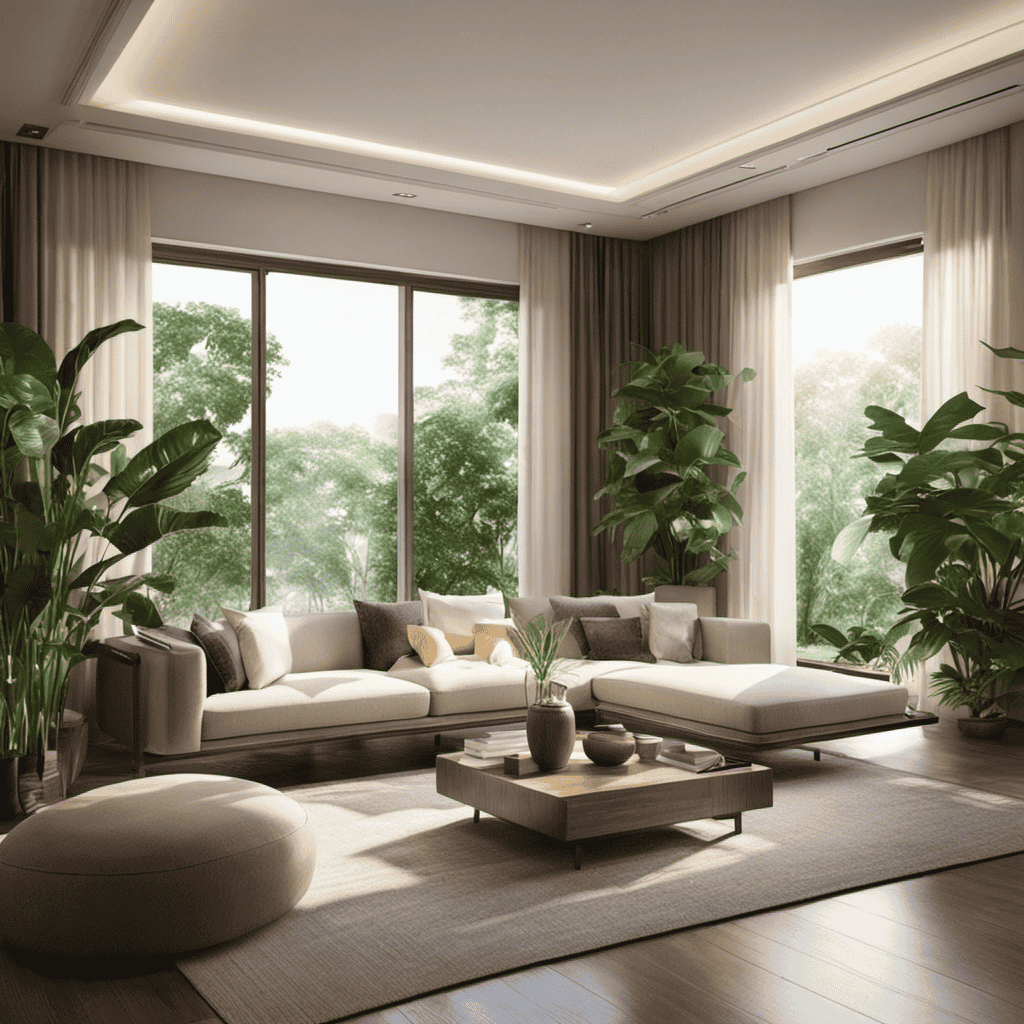 An image of a serene living room adorned with lush indoor plants, soft sunlight streaming through sheer curtains, and an air purifier quietly humming in the corner, effortlessly purifying the air