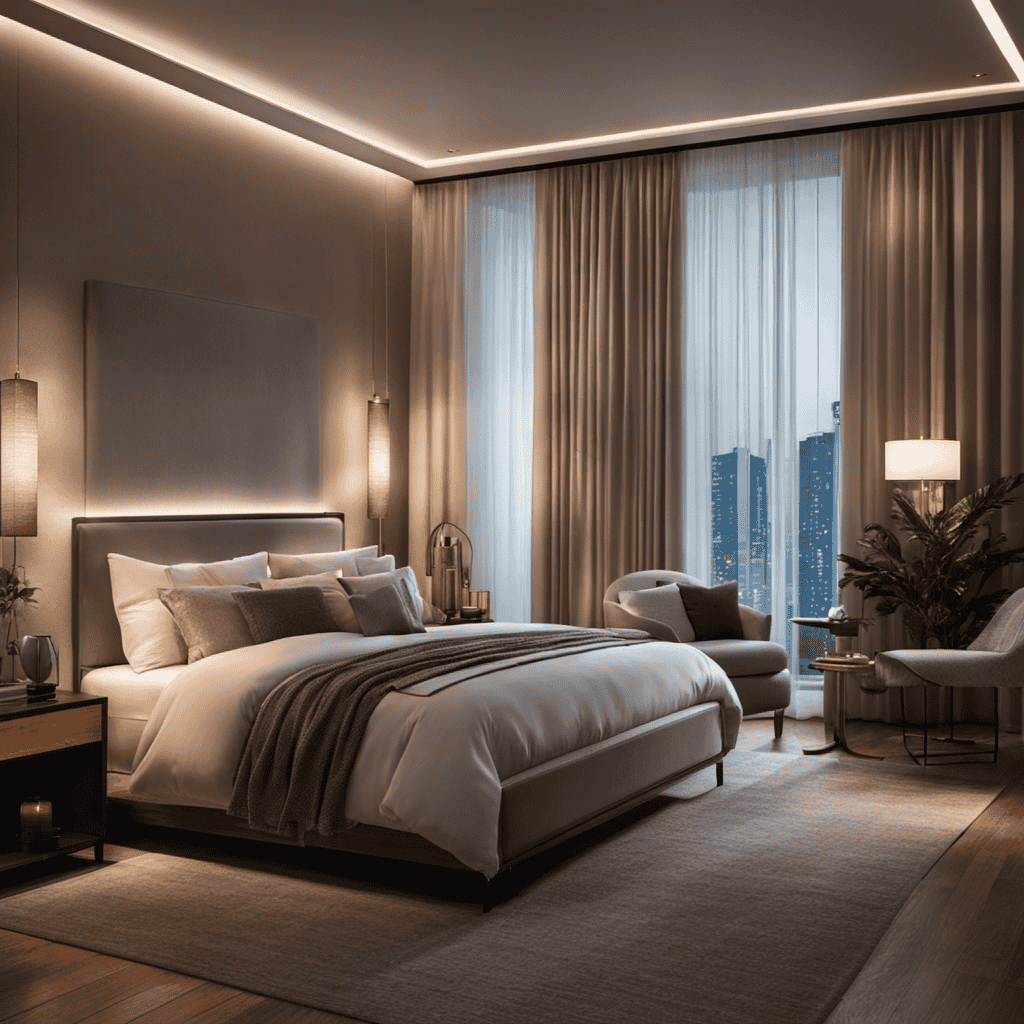 An image capturing the serene ambiance of a cozy bedroom at dusk, with soft, warm lighting filtering through sheer curtains