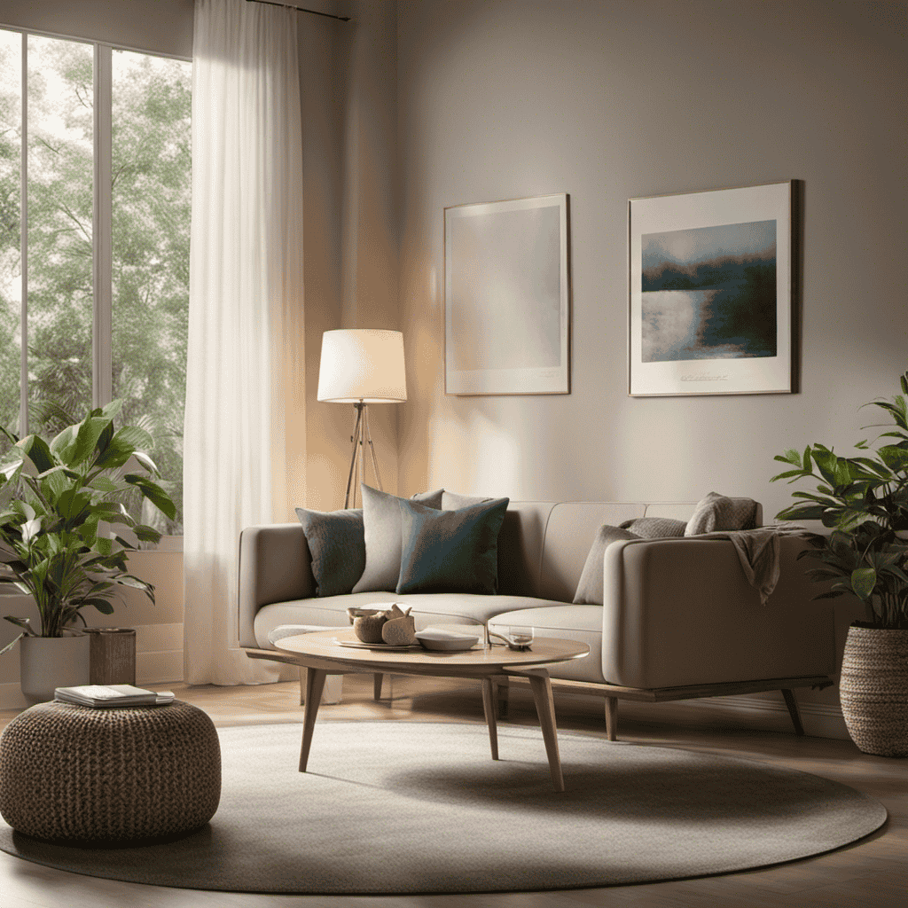 An image of a serene living room with an air purifier placed in one corner, surrounded by a faint haze of particles