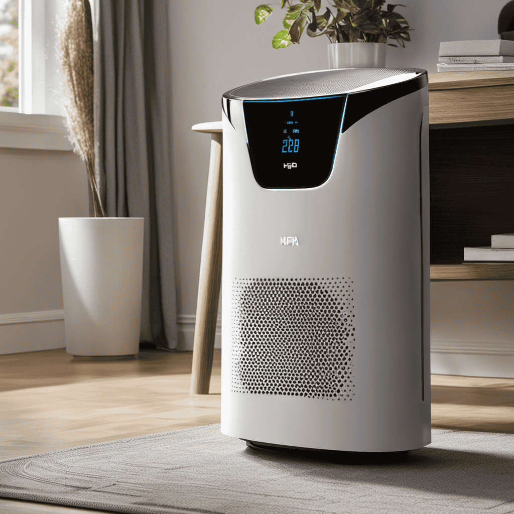 An image depicting a brand-new, sleek HEPA air purifier standing on a clean, dust-free surface