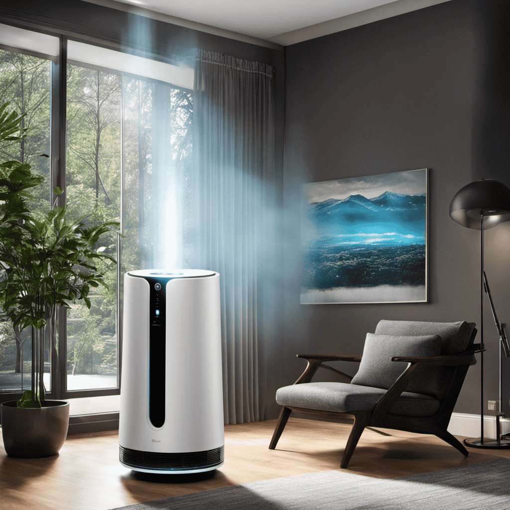 An image depicting a newly unboxed air purifier placed in a room with visible particles suspended in the air