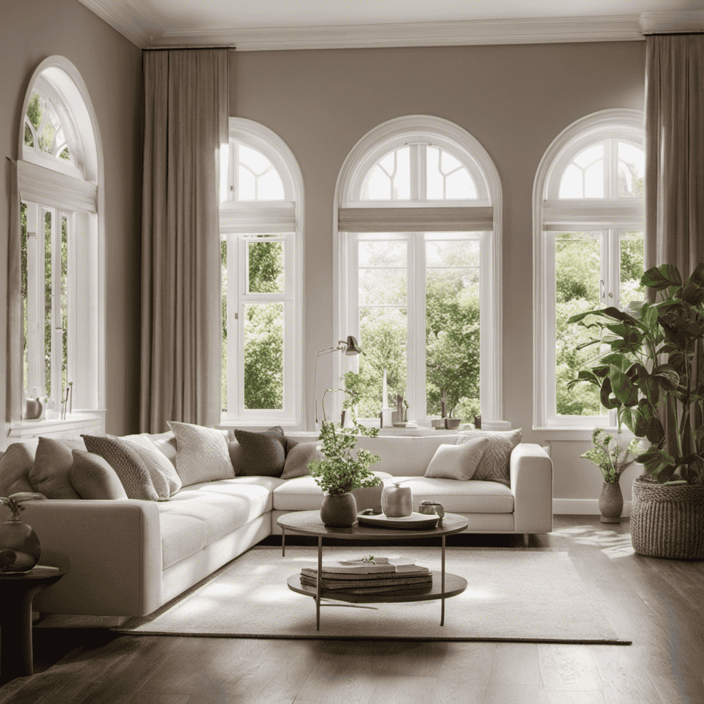 An image showcasing a serene living room, filled with natural light, where an air purifier hums silently in the corner