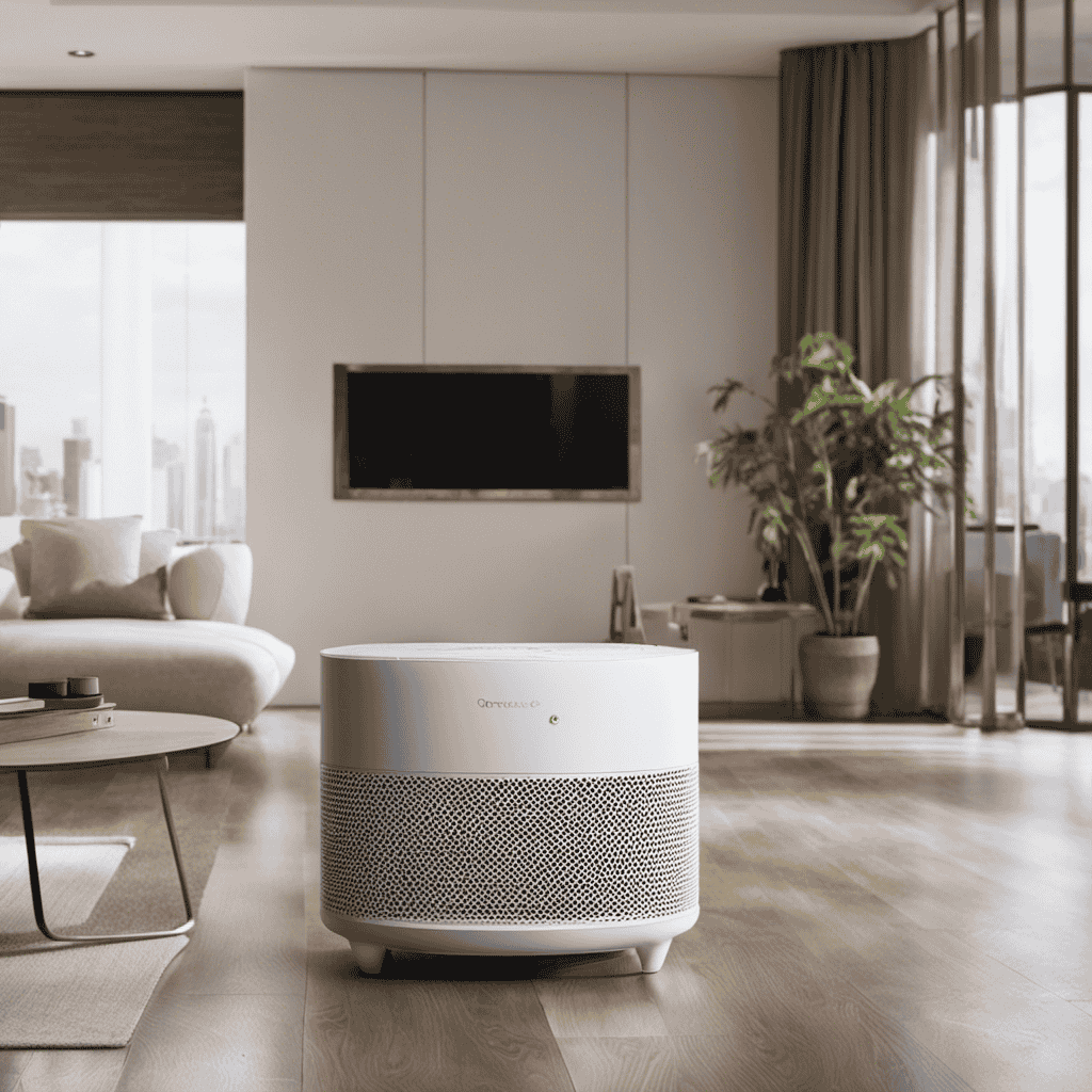 An image showcasing an air purifier in a room filled with dust particles