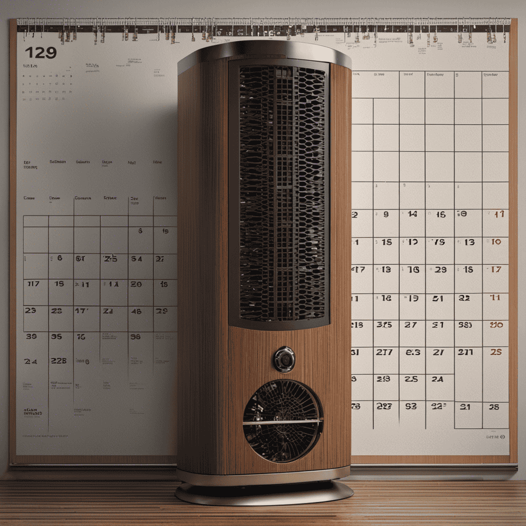 An image depicting an air purifier filter surrounded by a calendar, with the filter visibly clean on one side and progressively dirtier on the other, symbolizing the lifespan of the filter over time