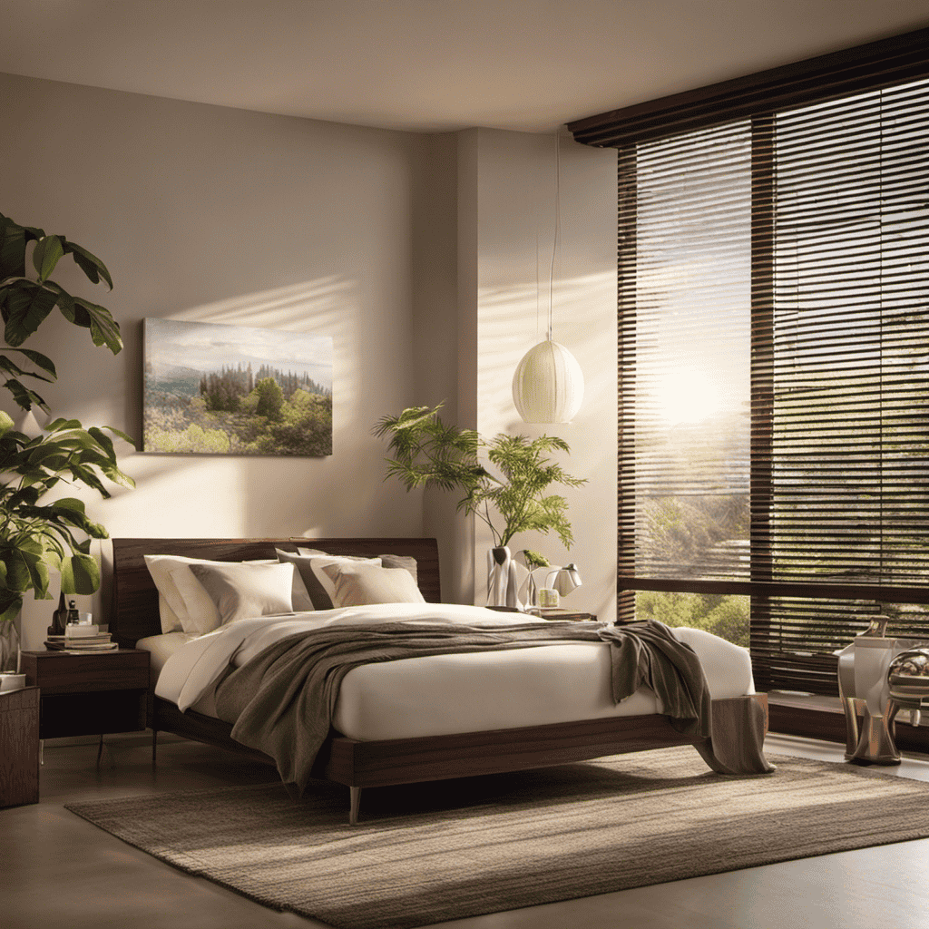 An image showing a serene bedroom with sunlight streaming through the window