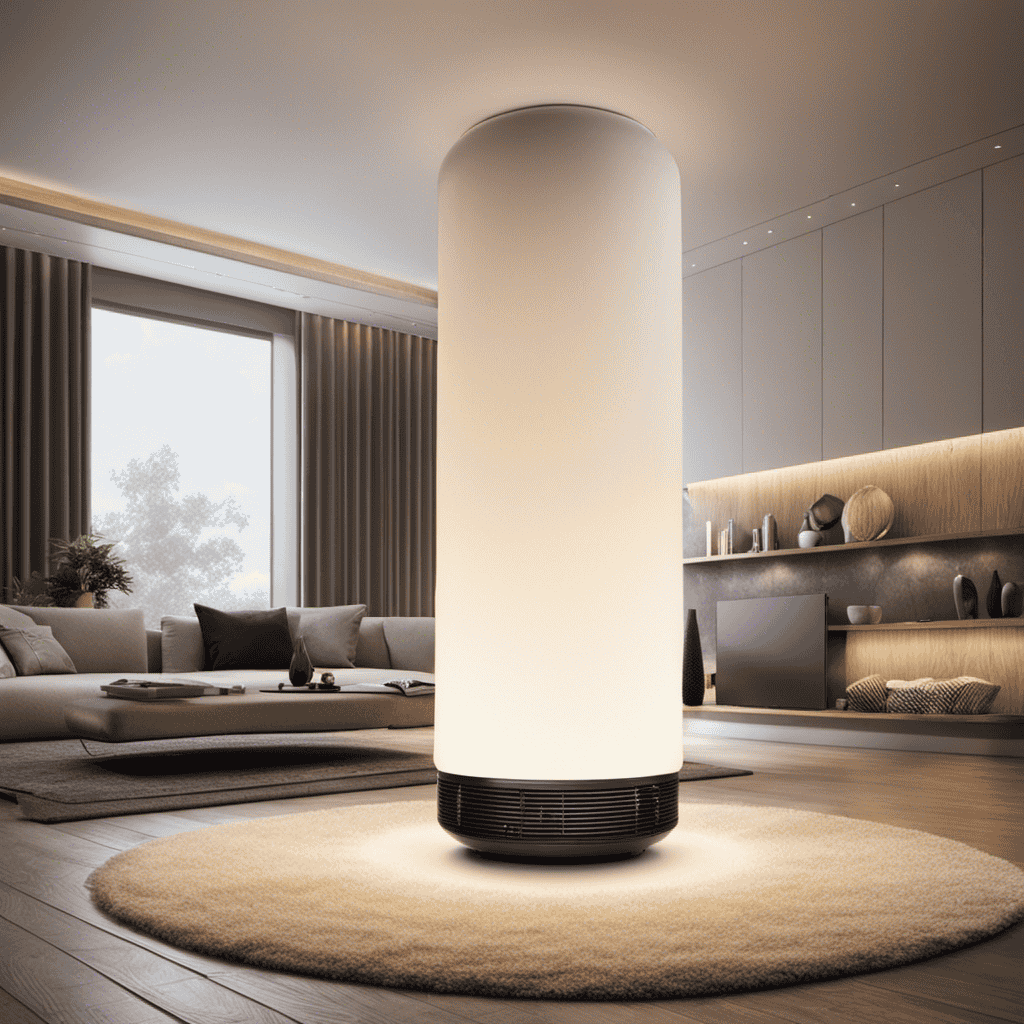 An image depicting a spacious room with an air purifier placed in the center, surrounded by swirling particles