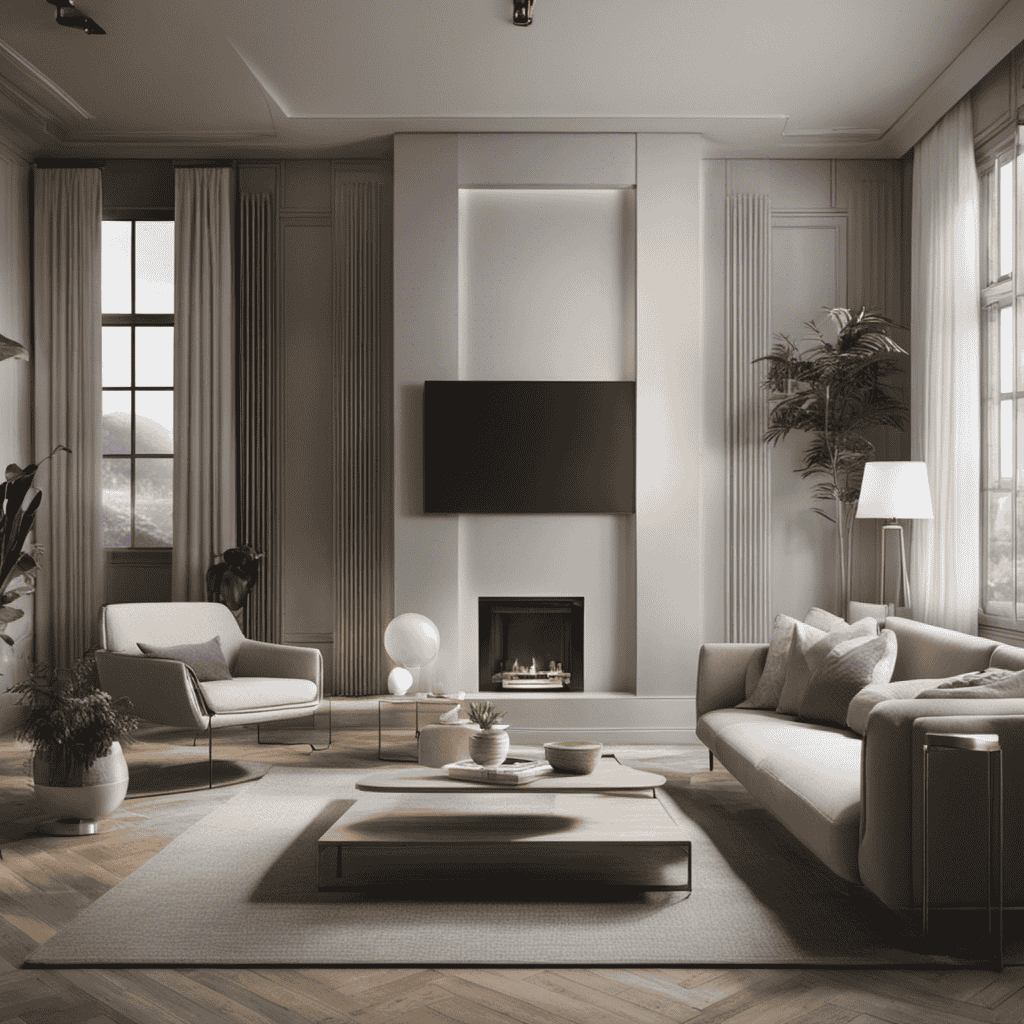 An image depicting a serene living room with an air purifier positioned at the center, surrounded by a subtle haze of airborne particles