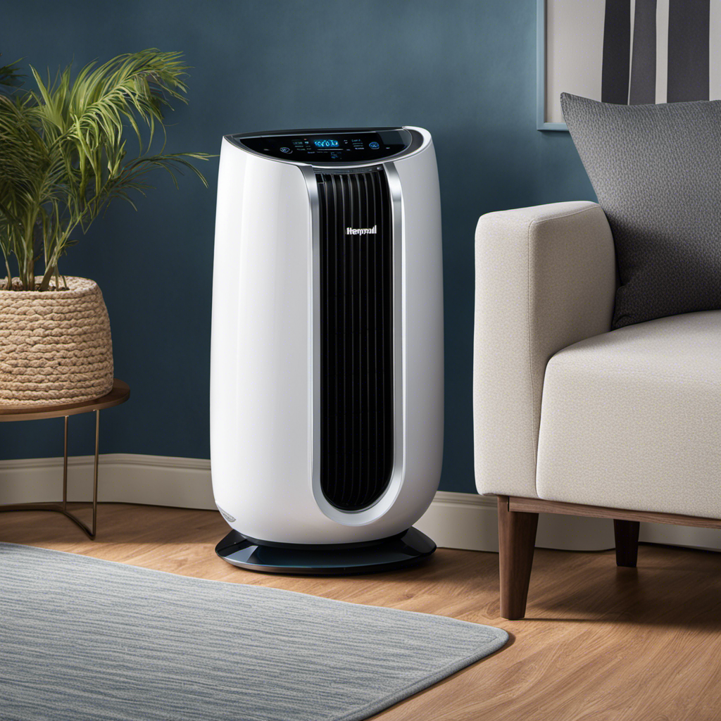 An image showcasing a Honeywell Air Purifier 300, positioned in the corner of a spacious room