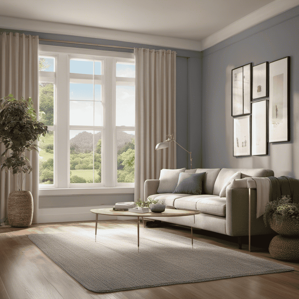 An image portraying a cozy, well-lit room with fresh air flowing through an open window, while an air purifier hums silently in the corner, efficiently removing dust particles, allergens, and odors