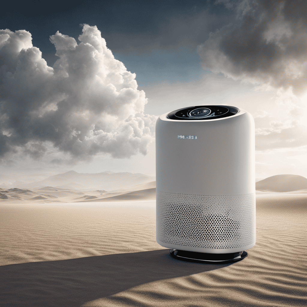 An image showcasing an air purifier surrounded by a cloud of dust particles gradually diminishing, revealing a clean and purified atmosphere