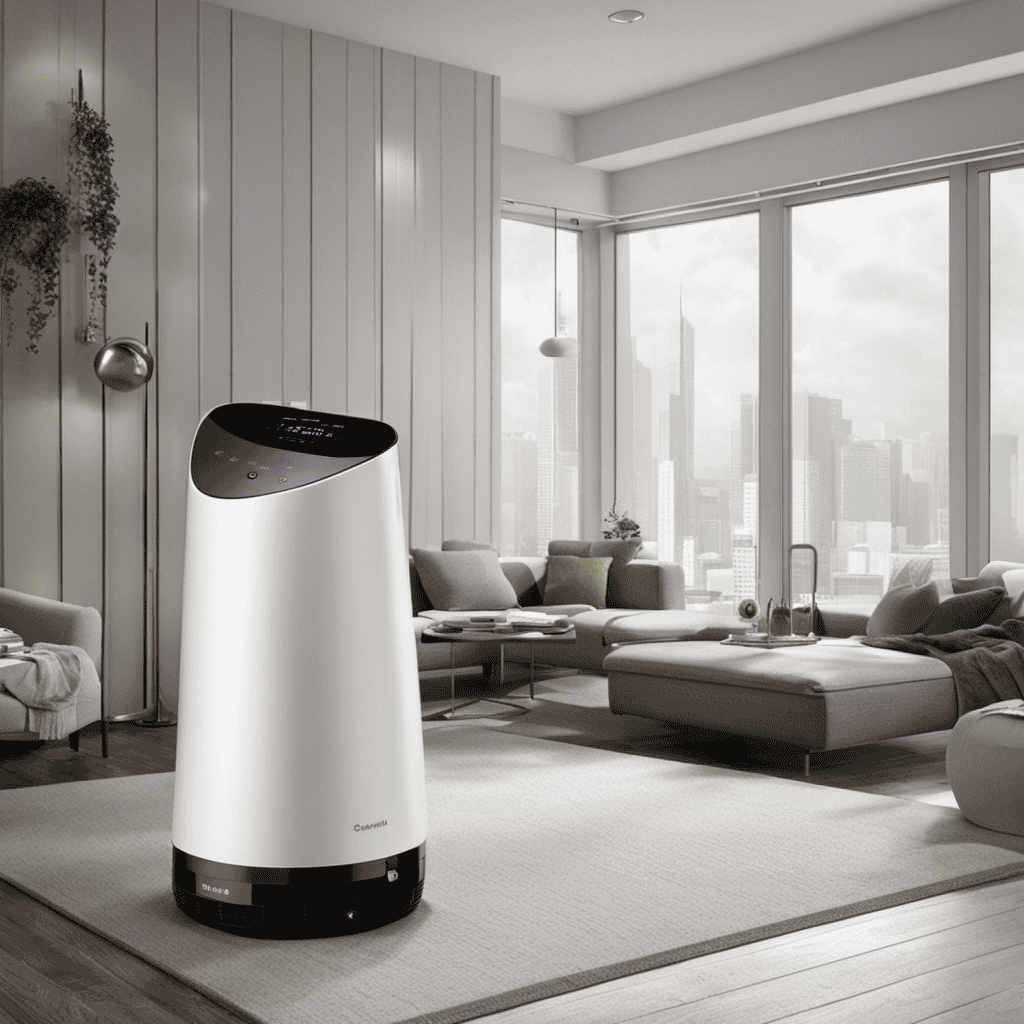 An image illustrating an air purifier in a room, depicting clean air particles being filtered and circled back into the environment