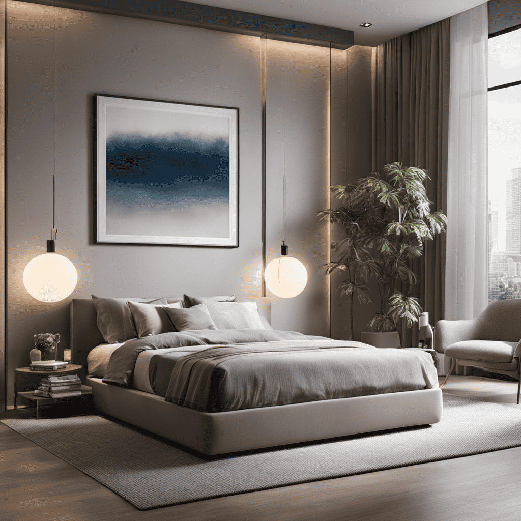 An image showcasing a serene bedroom with an air purifier at work