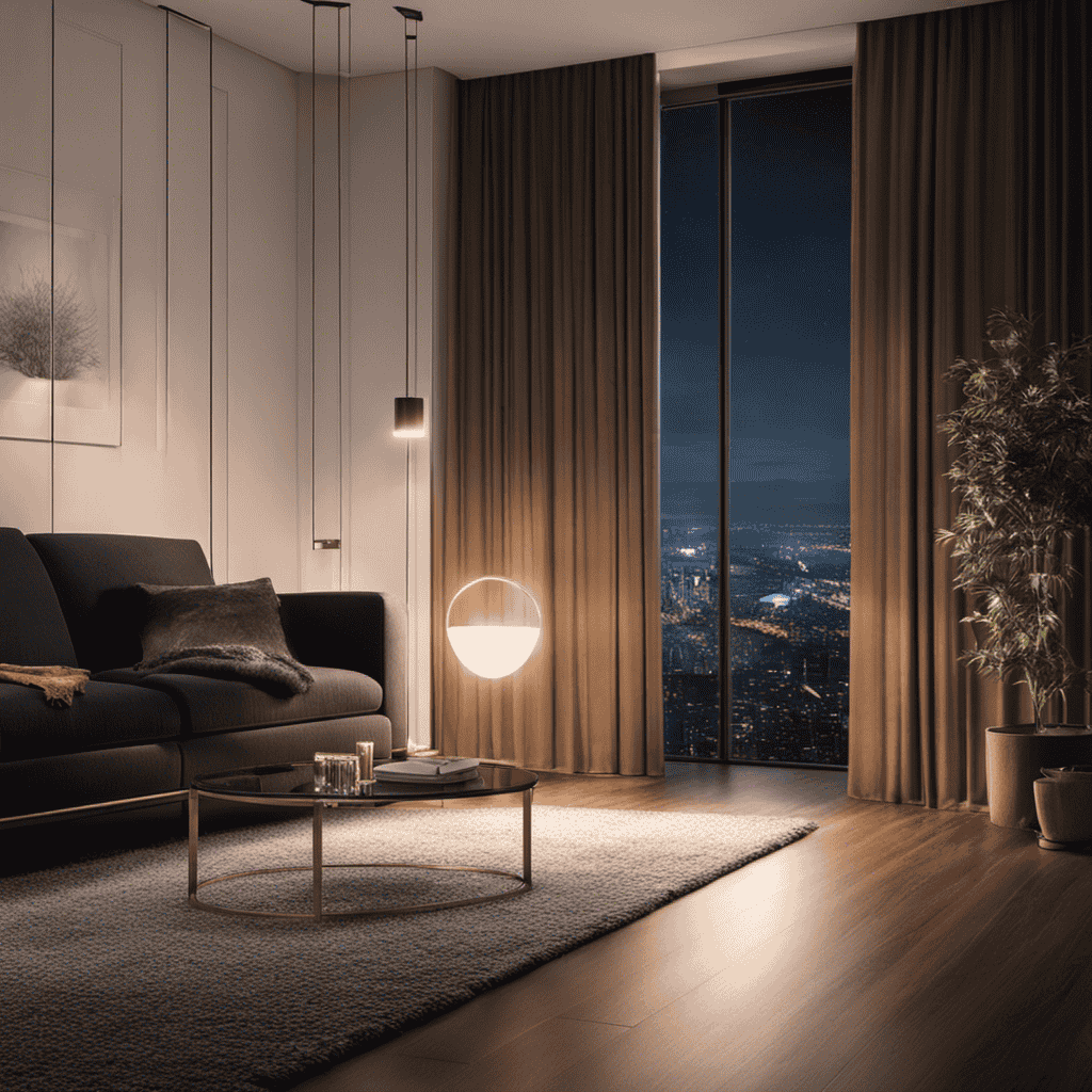 An image capturing a dimly lit room with particles suspended in the air, as a sleek air purifier silently hums in the corner, gradually clearing the atmosphere, revealing a crisp and fresh environment