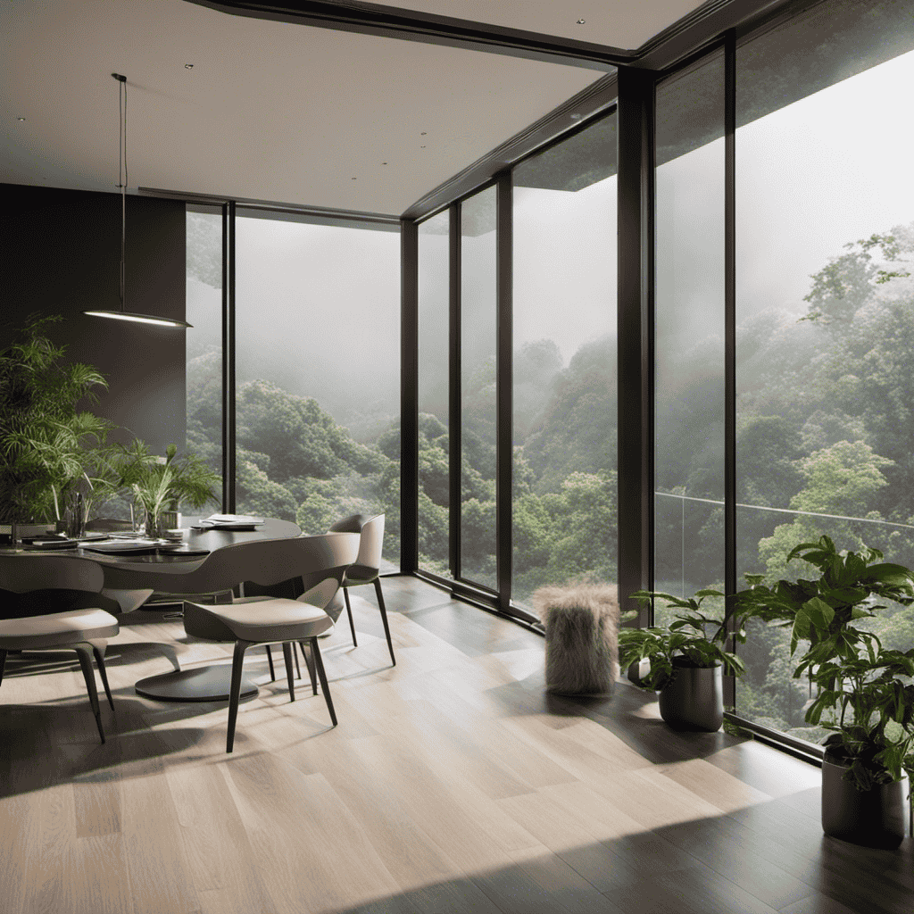 An image that showcases a room with fresh air streaming in through open windows, contrasting with a hazy, polluted atmosphere