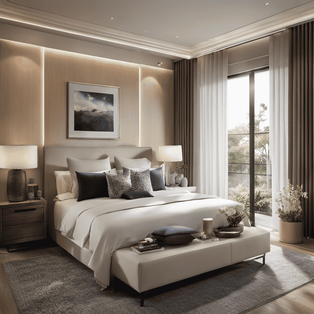 An image capturing a serene bedroom with an air purifier placed prominently on a nightstand