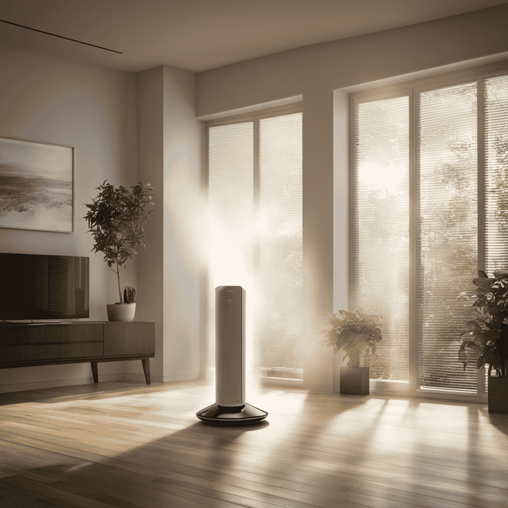 An image showcasing an air purifier placed in the center of a room filled with dust particles