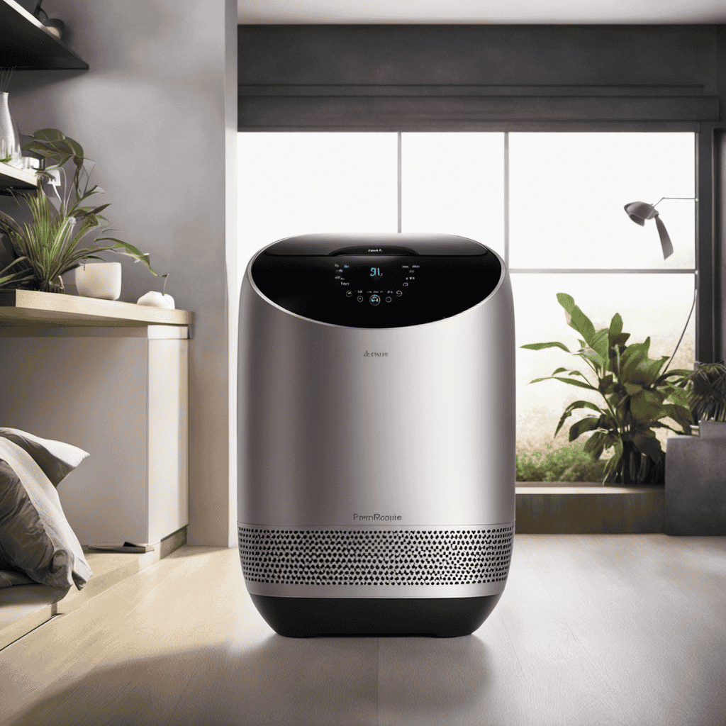 An image showcasing an air purifier placed in a room, surrounded by particles of dust and allergens