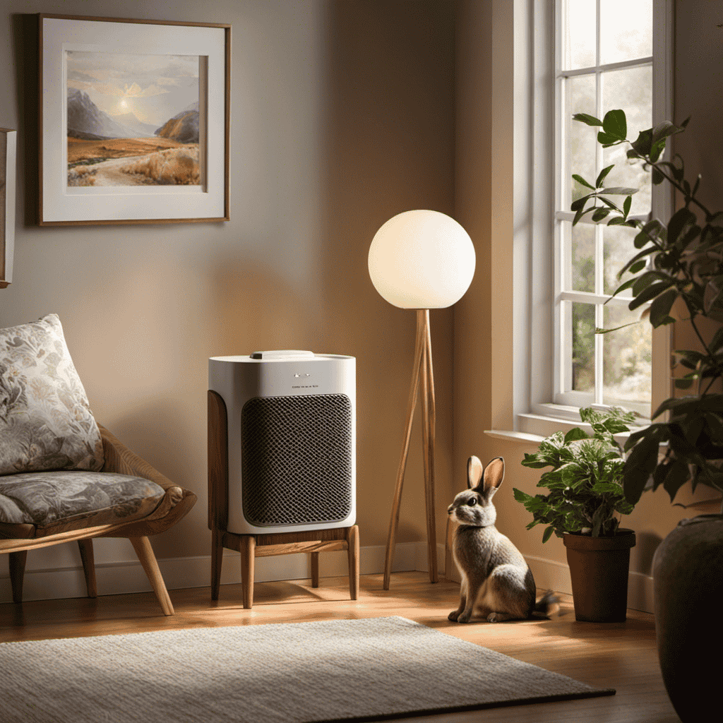 An image featuring a cozy living room with sun rays streaming through a window, showcasing a Rabbit Air purifier elegantly placed on a side table
