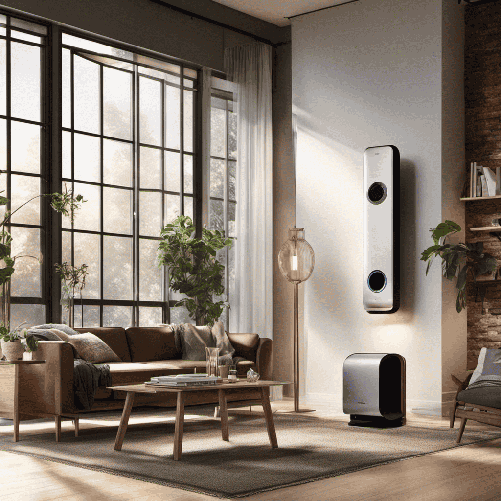 An image featuring a cozy living room with an air purifier placed near a large window