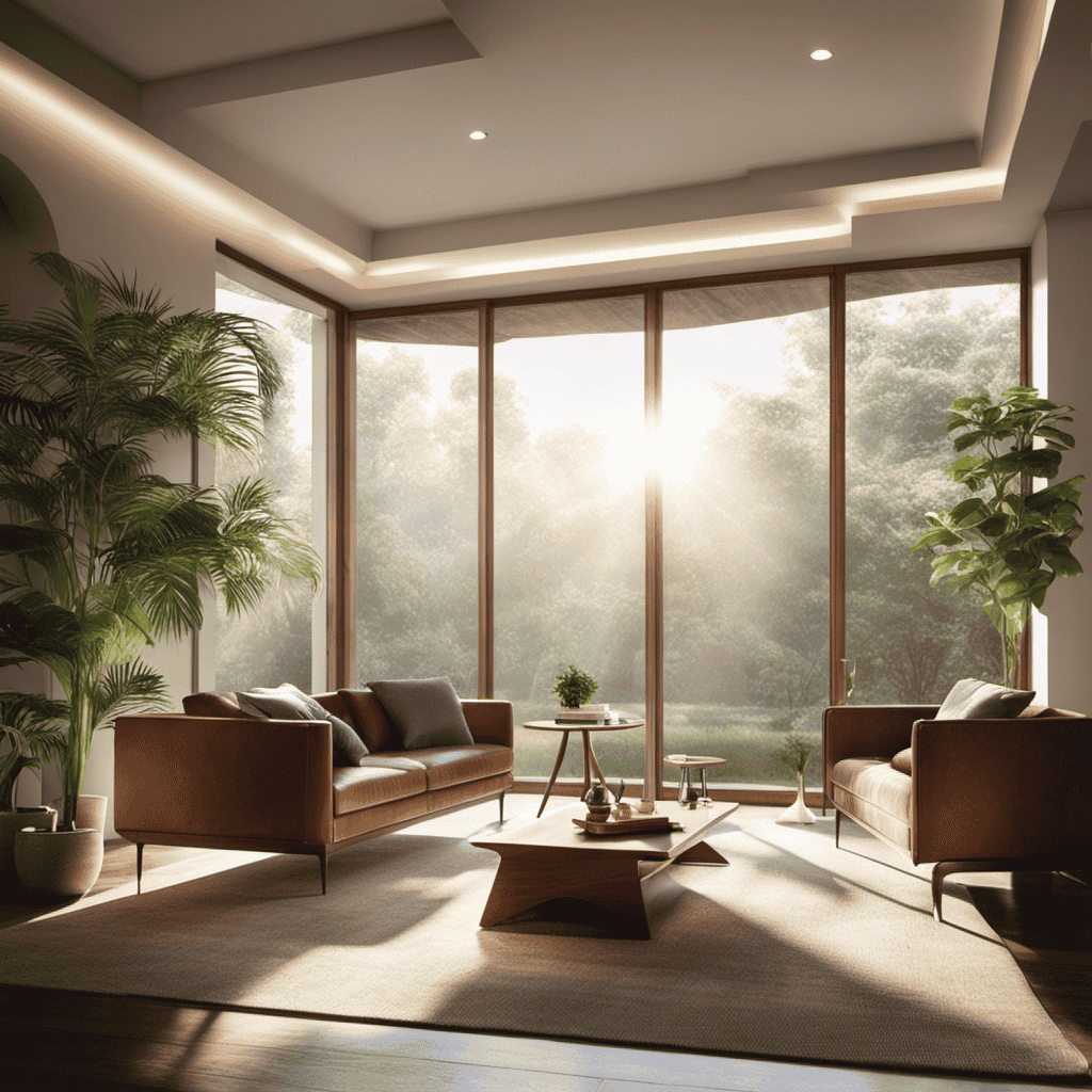 An image showcasing a serene living room with sunlight streaming through the window