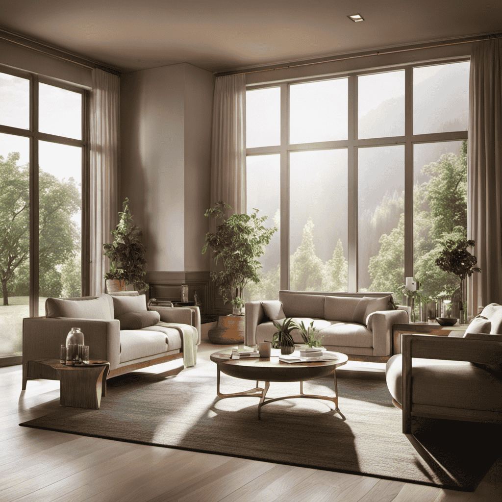 An image depicting a serene living room with an air purifier placed near a window