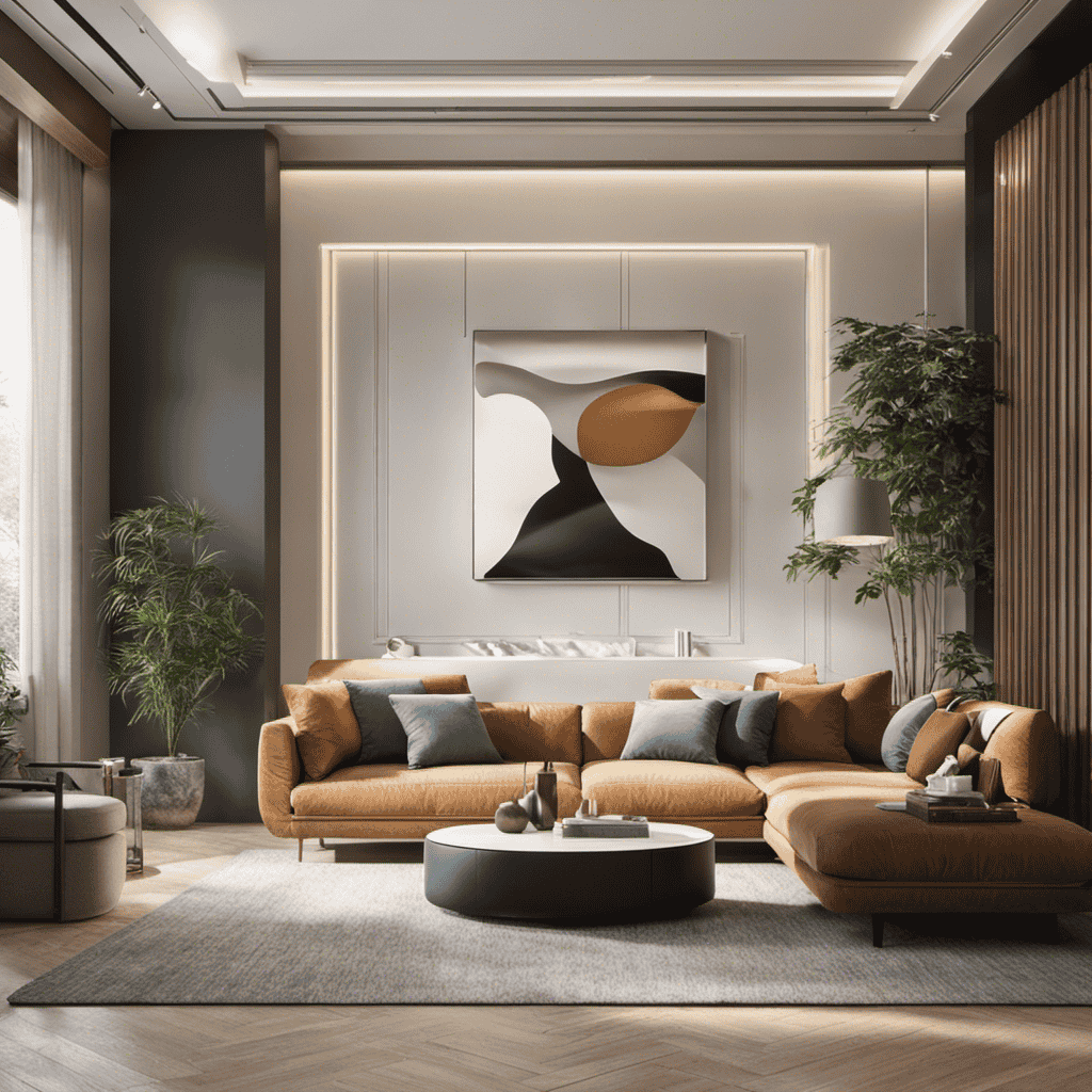 An image that depicts a serene living room with an air purifier placed strategically in one corner