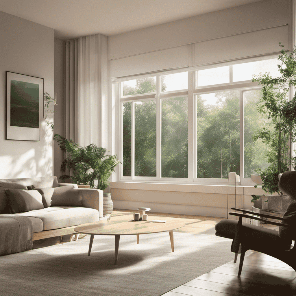 An image of a tranquil living room with sunlight streaming through clean windows, showcasing an air purifier quietly humming in the corner