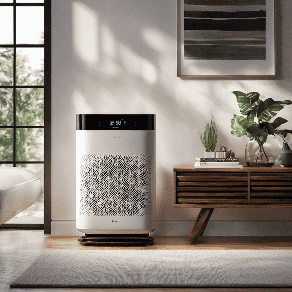An image showcasing an air purifier in a cozy living room, softly illuminated by warm sunlight filtering through a window