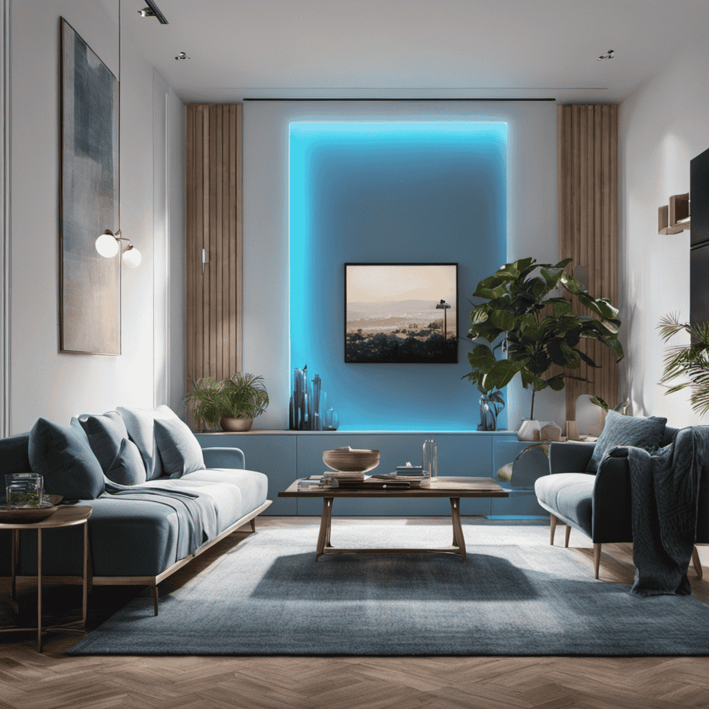 An image that showcases an inviting living room with an air purifier quietly operating in the corner, emitting a soft blue glow