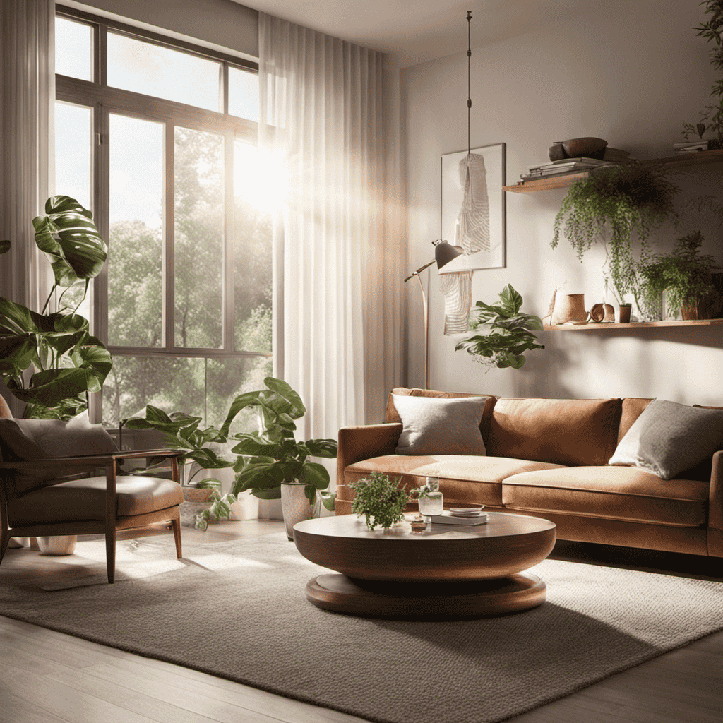 An image showing a cozy living room with an air purifier seamlessly blending into the decor