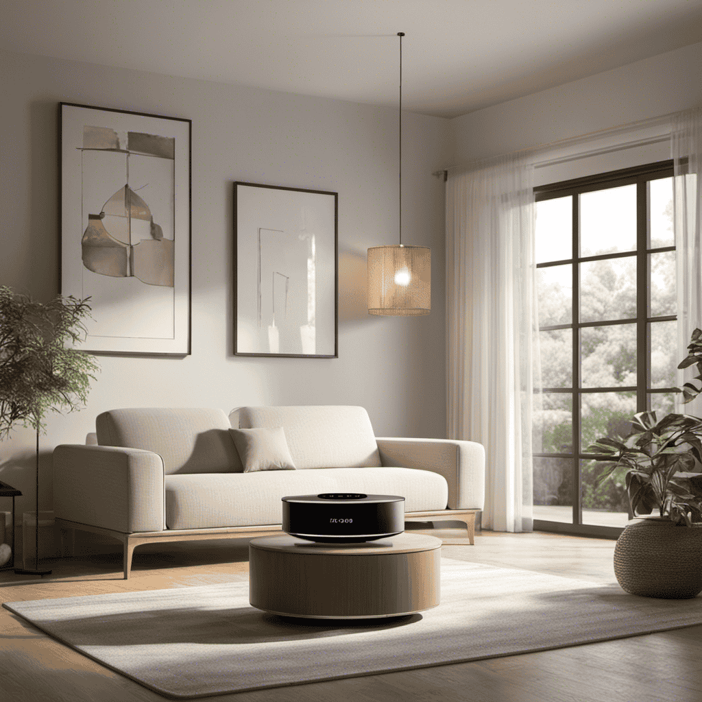 An image depicting a serene living room with an air purifier quietly humming in the corner, surrounded by a timer displaying hours, conveying the question of how long an air purifier should ideally be left on