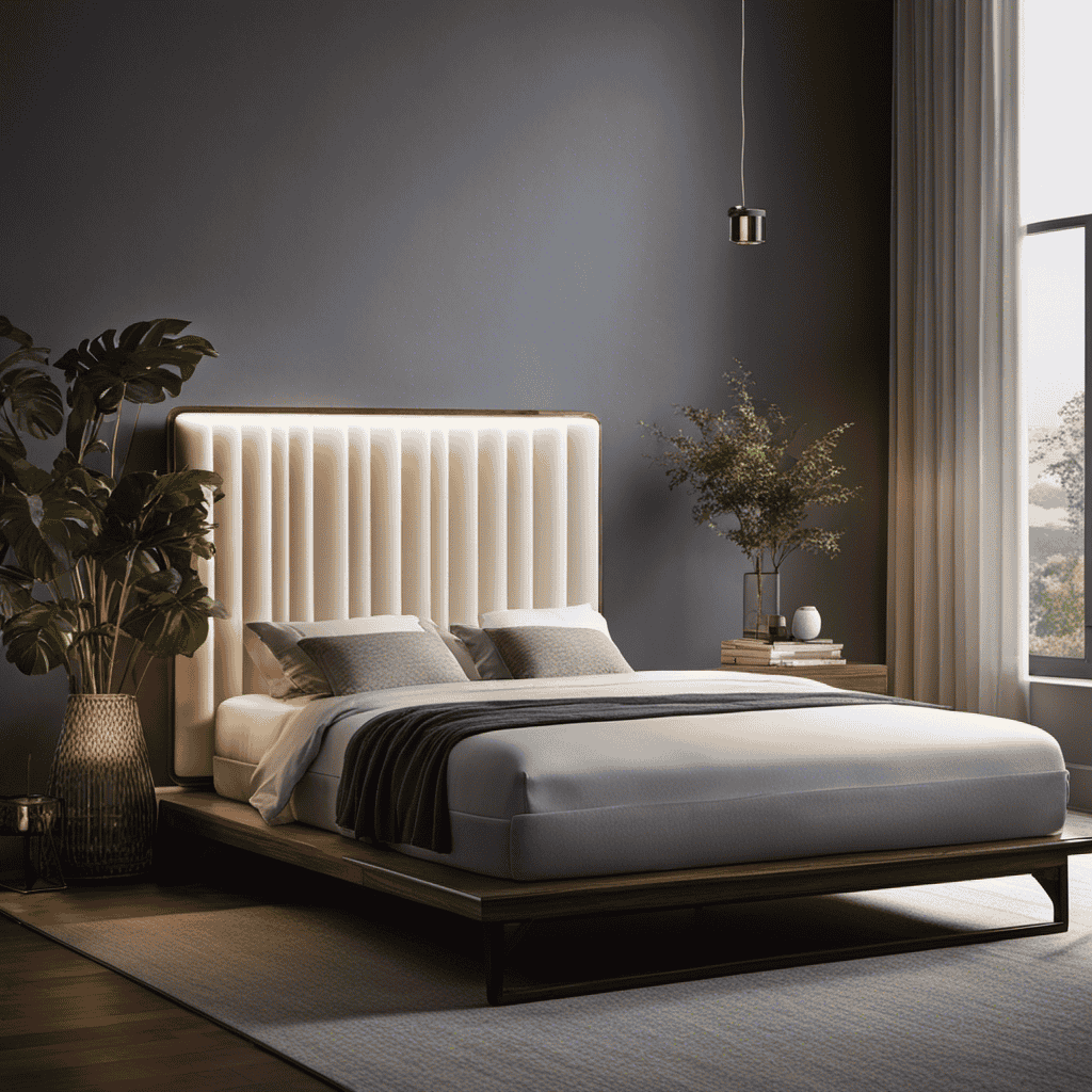 An image of a serene bedroom at dusk, with an air purifier softly glowing, purifying the air