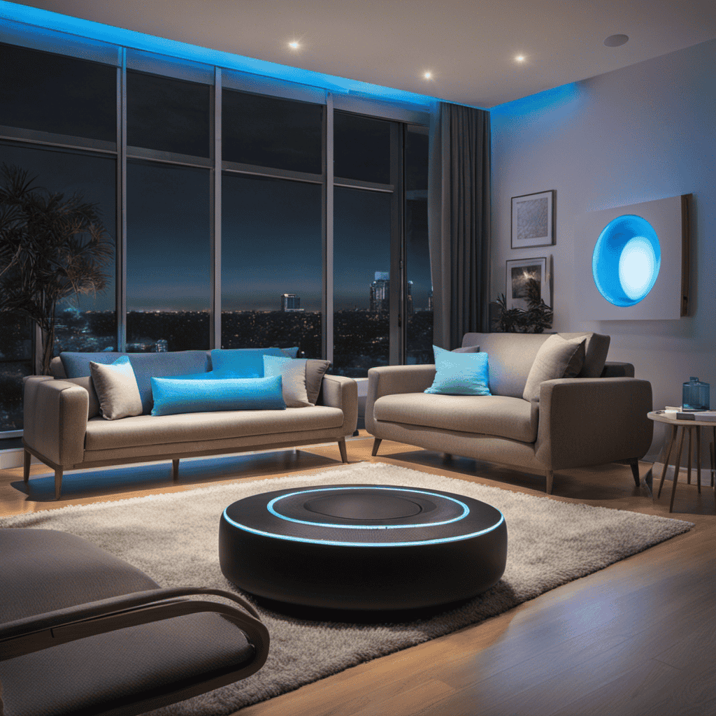 An image featuring a modern living room with an air purifier placed near a window