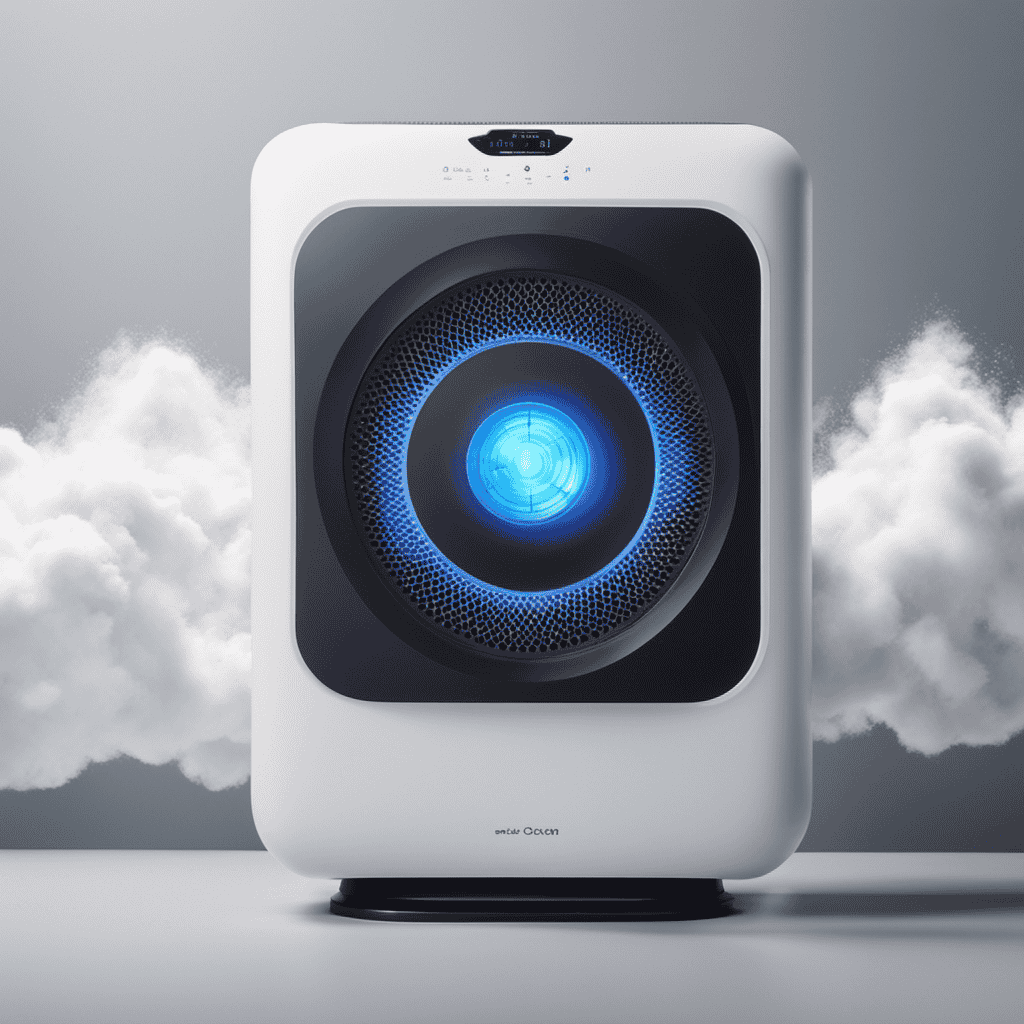 An image of a clean, white air purifier filter with a timer icon hovering above it