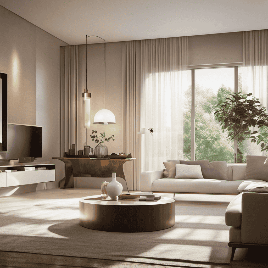 An image of a serene living room bathed in soft sunlight, with an air purifier emitting a gentle white glow