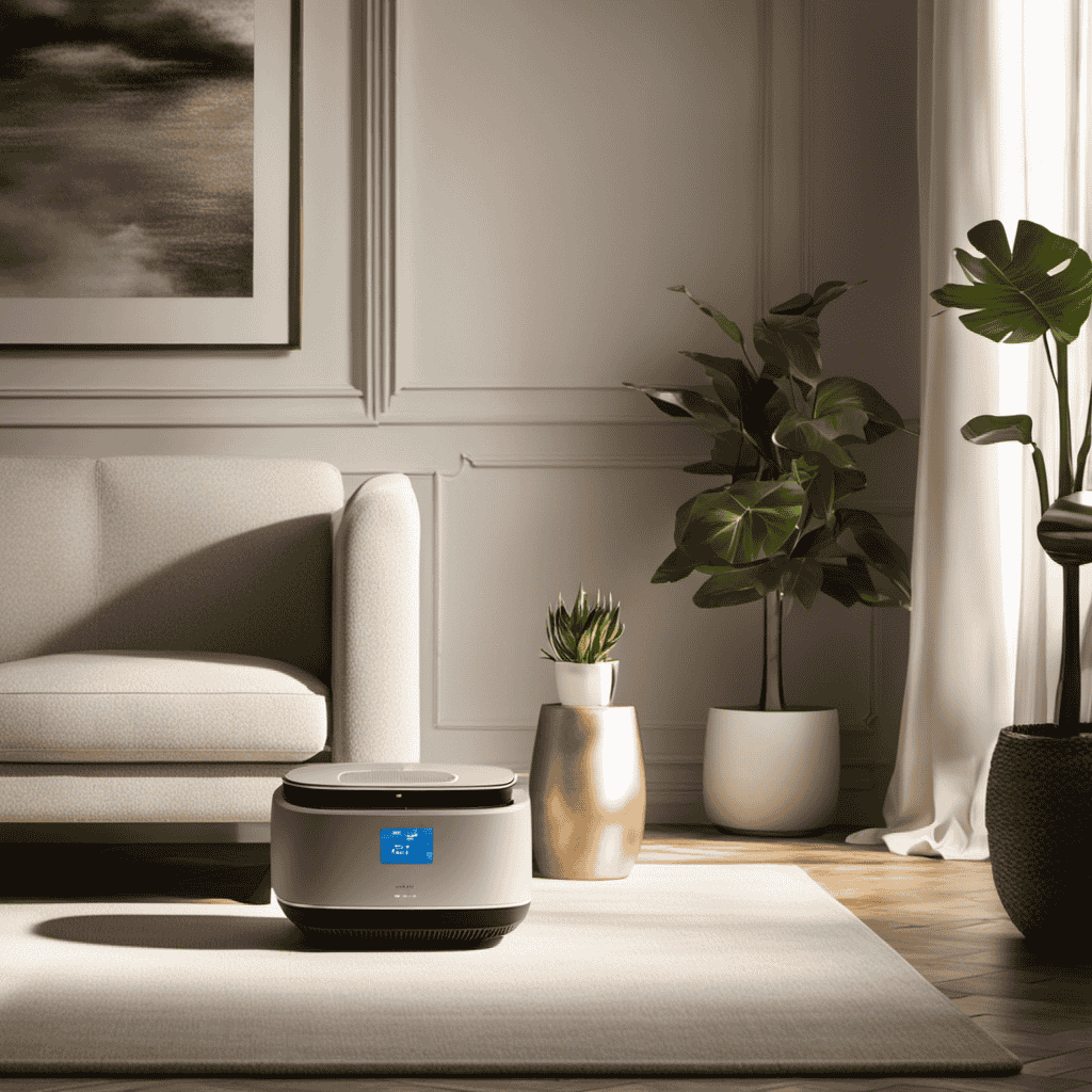 An image featuring a serene living room with an air purifier placed elegantly on a side table